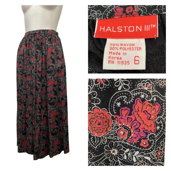 1980s Red Rose Floral Halston Midi Skirt / Women’s Small * - Picture 1 of 4